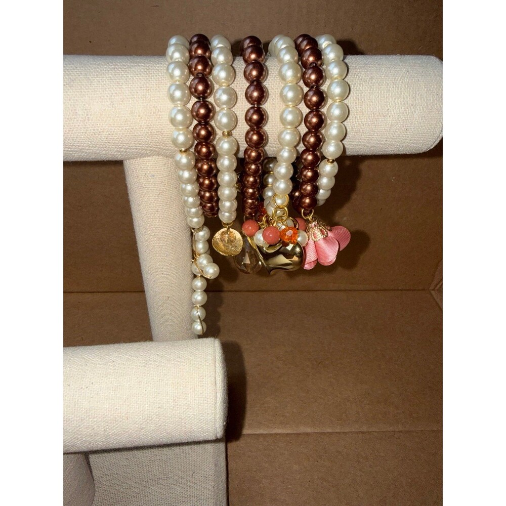 7pc Handmade Mocha Brown & Cream Pearl Stacking Bracelets with Charms - Picture 5 of 5